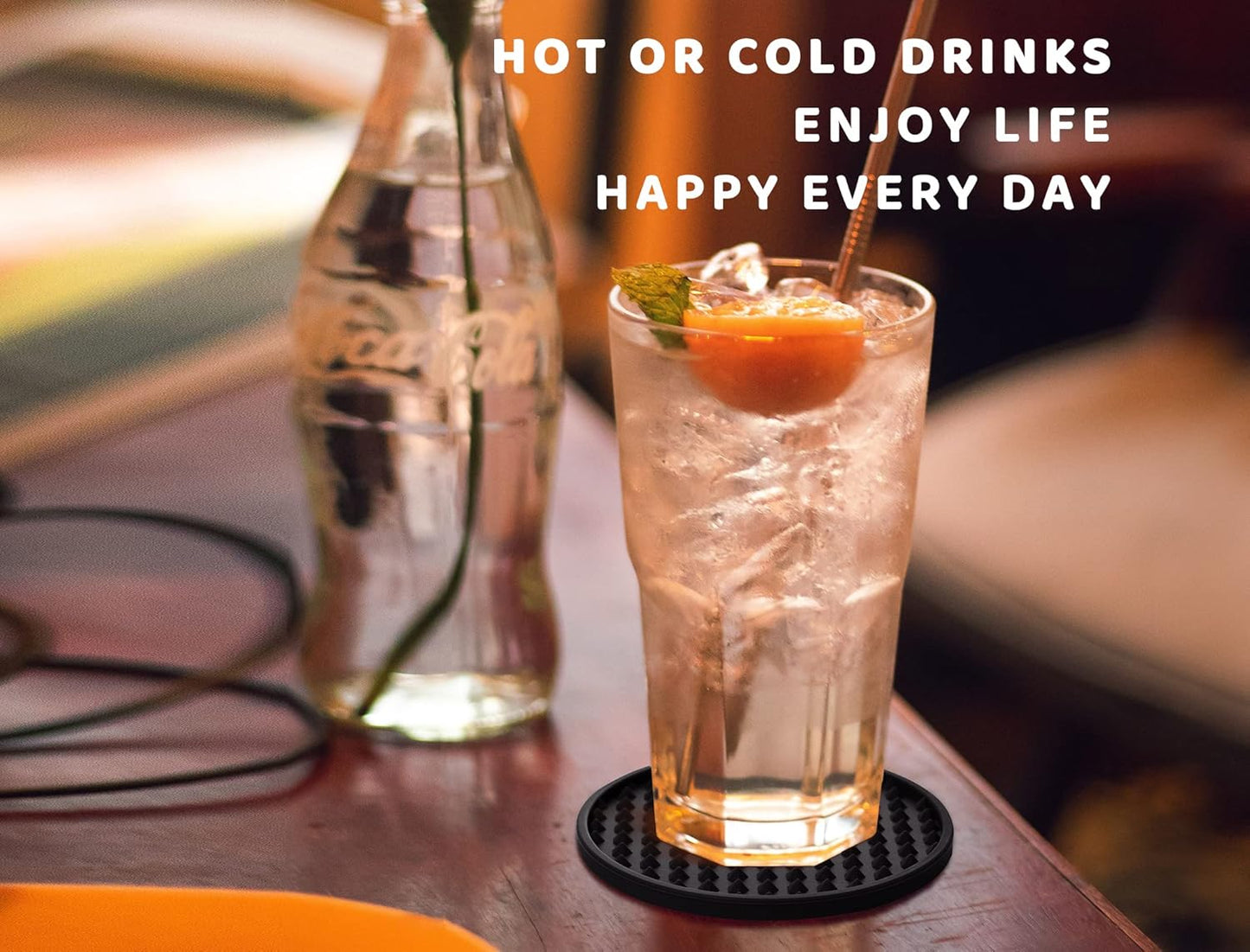 Coasters for Drinks 6 Pack Drink Coaster with Holder,Heat Resistant Silicone Cup Mat Tabletop Protection,Non-Slip Rubber Coasters for Kinds of Cups (Black)