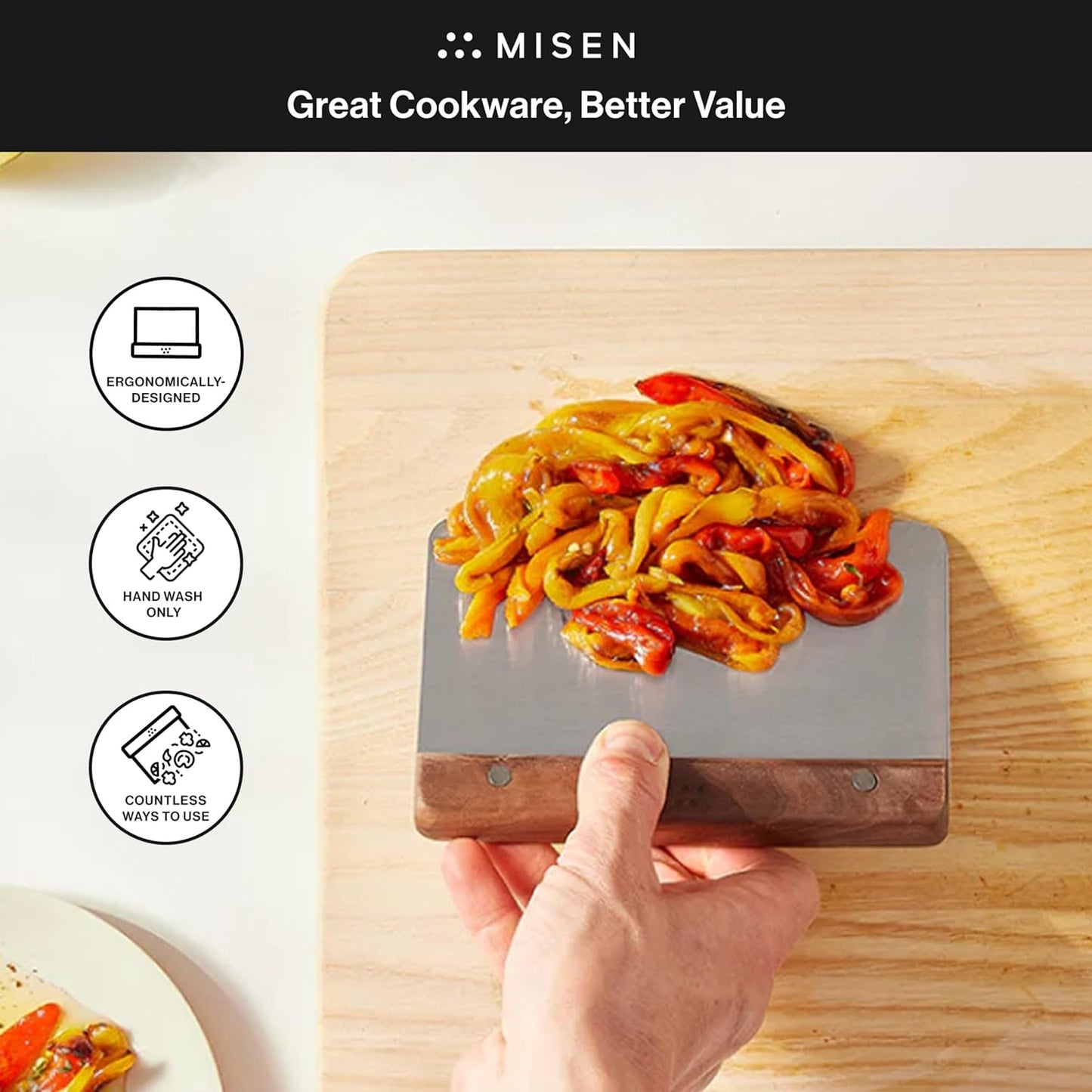 Misen Stainless Steel Bench Scraper - Versatile Food Scraper with Walnut Handle - Ideal for Kitchen, Pastry & Dough - Durable Cutting Board Scraper Tool - Effortless Transfer into Pots & Pans -Walnut