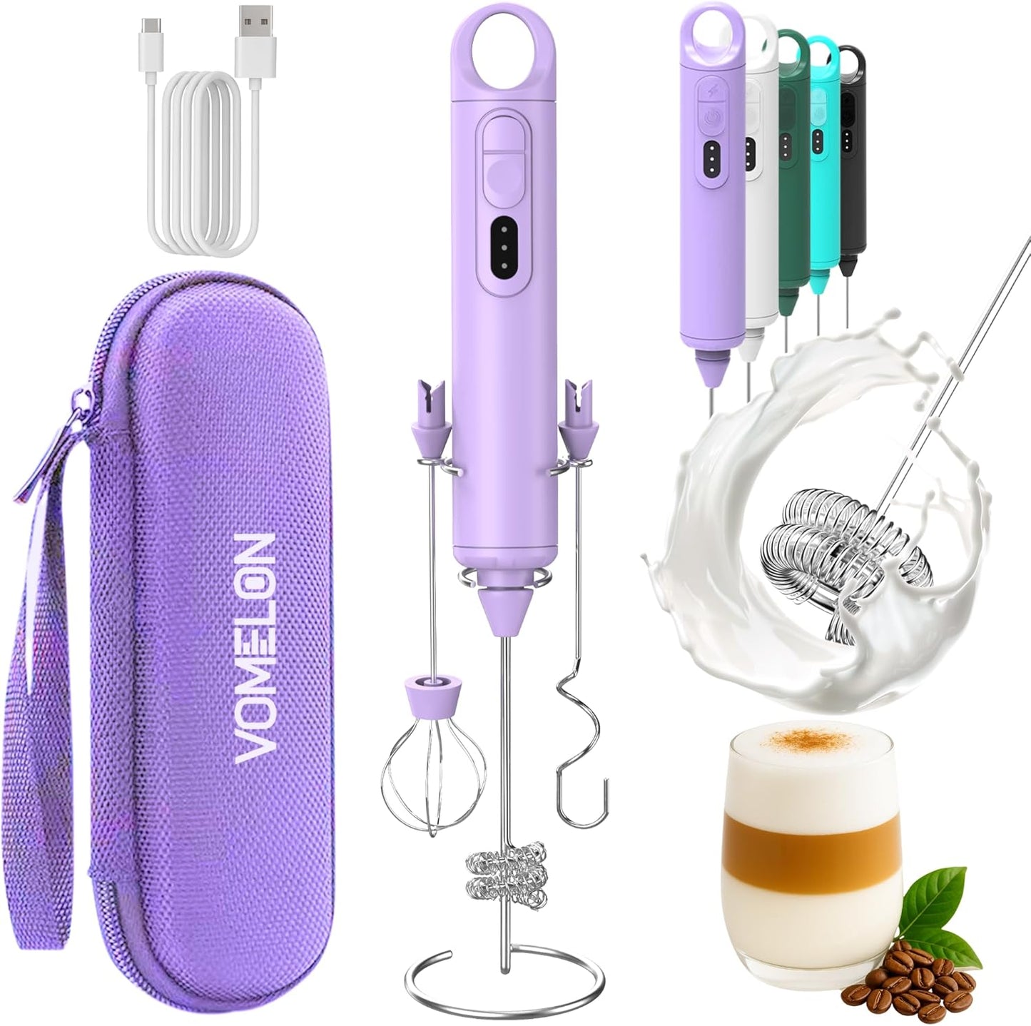 Rechargeable Milk Frother Handheld 3 Speed Coffee Foamer [3 Whisk] Electric Drink Mixer for Latte, Cappuccino, Coffee, Eggs, Hot Chocolate, Purple