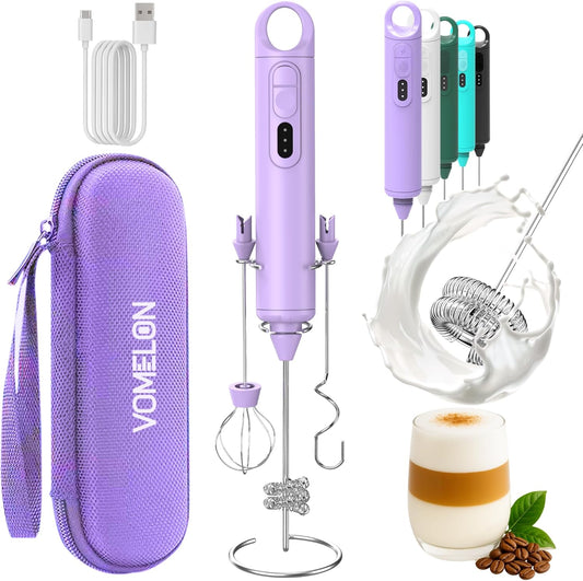 Rechargeable Milk Frother Handheld 3 Speed Coffee Foamer [3 Whisk] Electric Drink Mixer for Latte, Cappuccino, Coffee, Eggs, Hot Chocolate, Purple