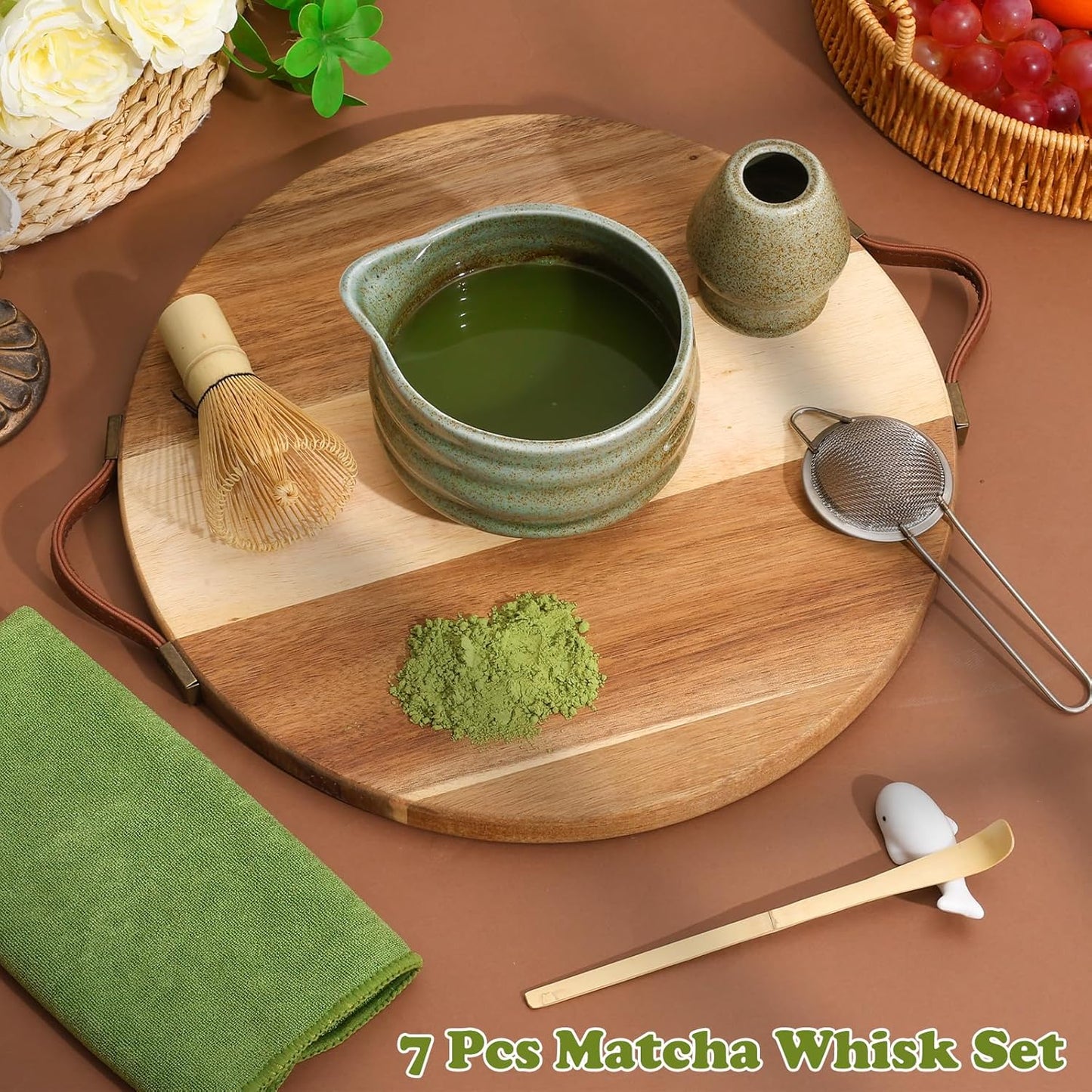 Matcha Whisk Set, 7 Pcs Matcha Kit Includes 18 oz Ceramic Matcha Bowl with Spout, Bamboo Whisk and Holder,Scoop with Stand, Sifter & Tea Towel, Complete Matcha Making Kit