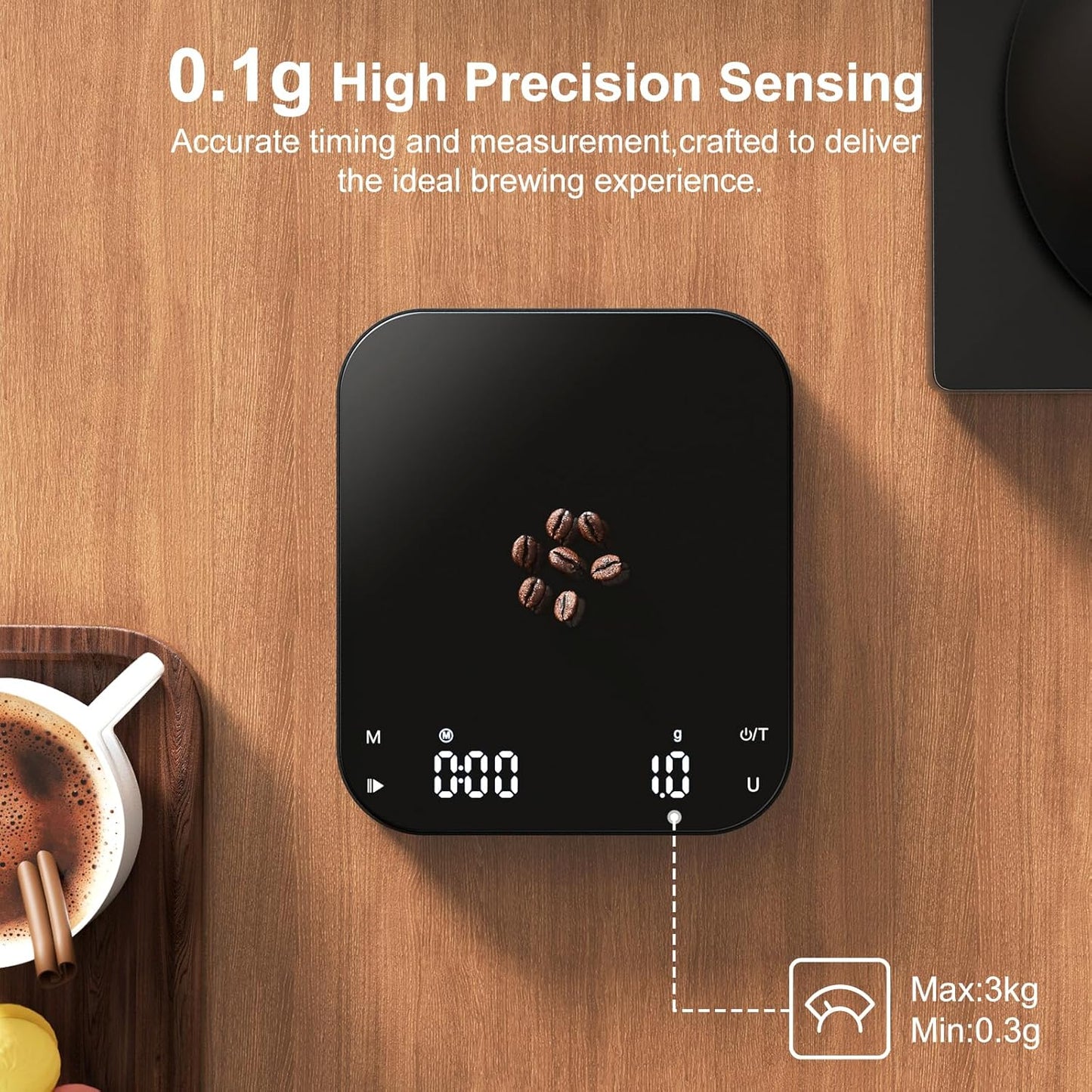 Ultrean 5.9" Coffee Scale, Rechargeable Coffee Scale with Timer, 3kg/0.1g Accuracy for Pour Over and Drip Coffee, Portable Digital Kitchen Scale with Automatic Timing, LCD Display