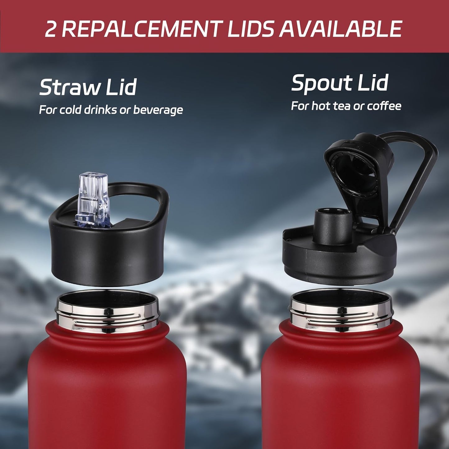 HASLE OUTFITTERS 32 oz Insulated Water Bottle Stainless Steel Double Walled Vacuum Sports Water Bottle with 2 Lids (Straw and Spout Lid) for Gym Camping Hiking(Red,8)