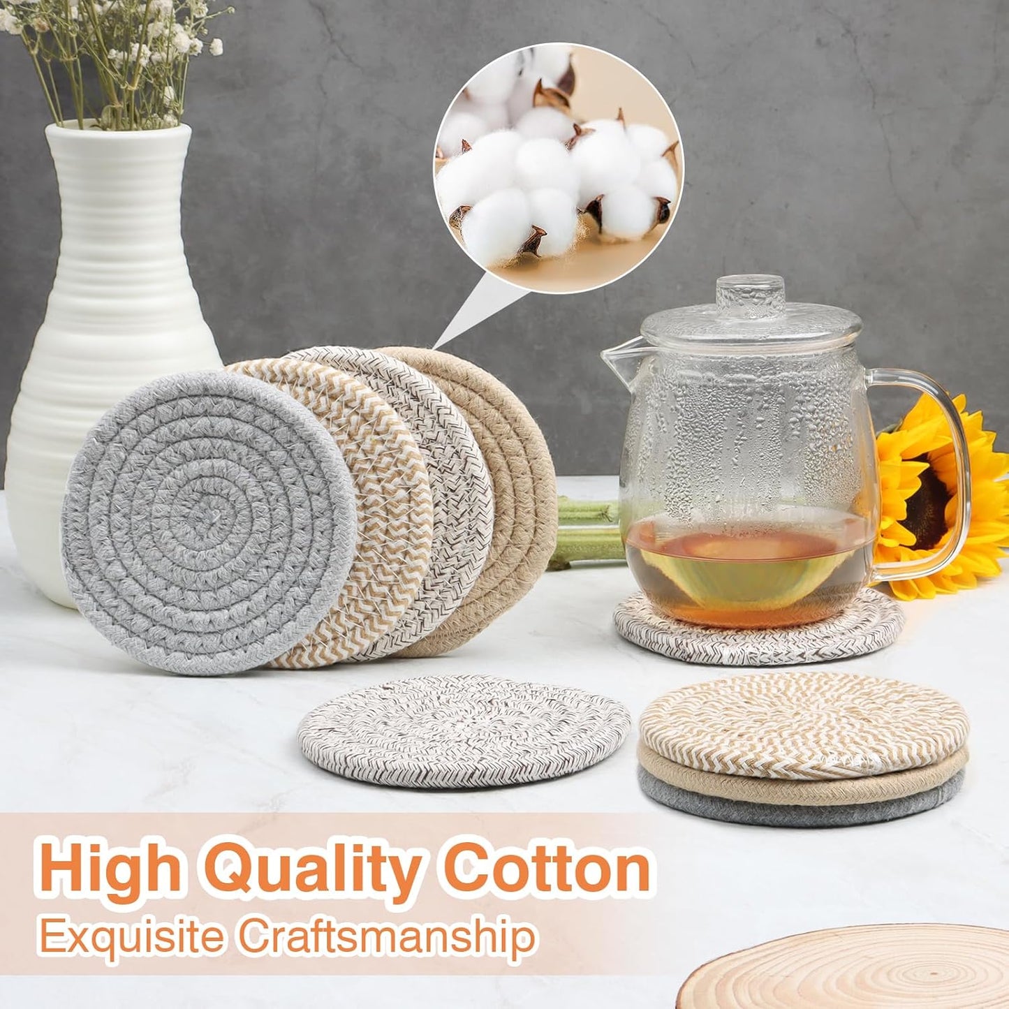 Large 4.8" Cotton Coasters for Drinks Set of 2, Oversized Absorbent Brown Fabric Cup Mats for Coffee Mugs, Boho Desk & Nightstand Drink Pads, Durable Minimalist Coasters for Home Décor(Caffè no)