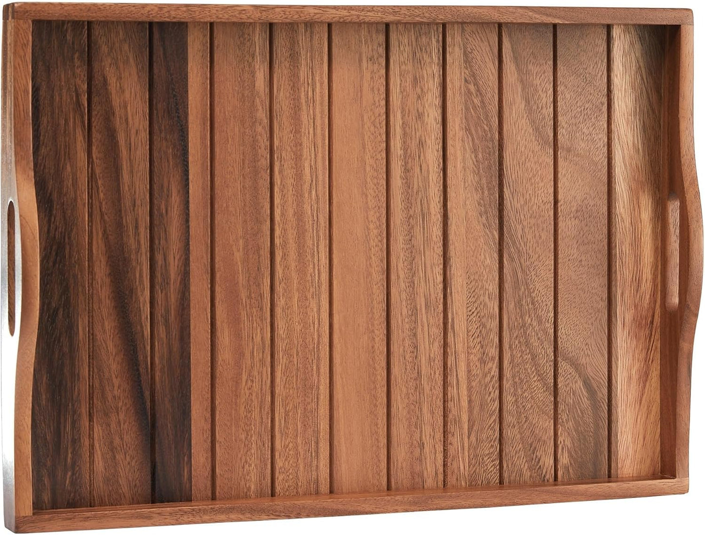 Large Acacia Wooden Serving Tray with Handles 20 x 14 inch Decorative Coffee Table Ottoman Tray for Living Room Extra Large for Kitchen Dinner Food Bar Breakfast in Bed (Color Natural)