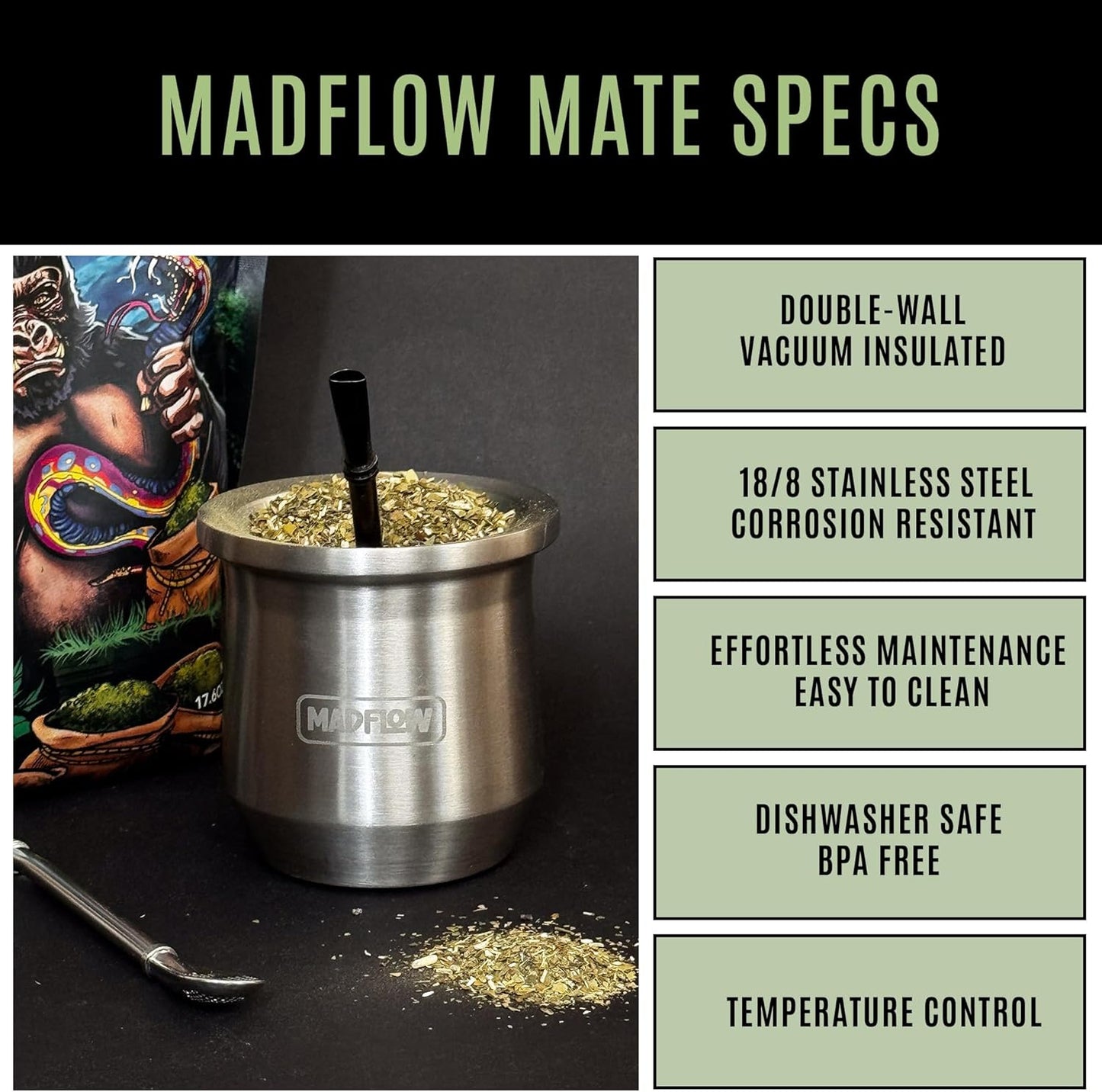 MADFLOW Yerba Mate Cup. Stainless Steel Mate Cup with 2 Bombillas. Double Wall Vacuum Insulated Yerba Mate Gourd. Unique Mate Cup And Bombilla Set