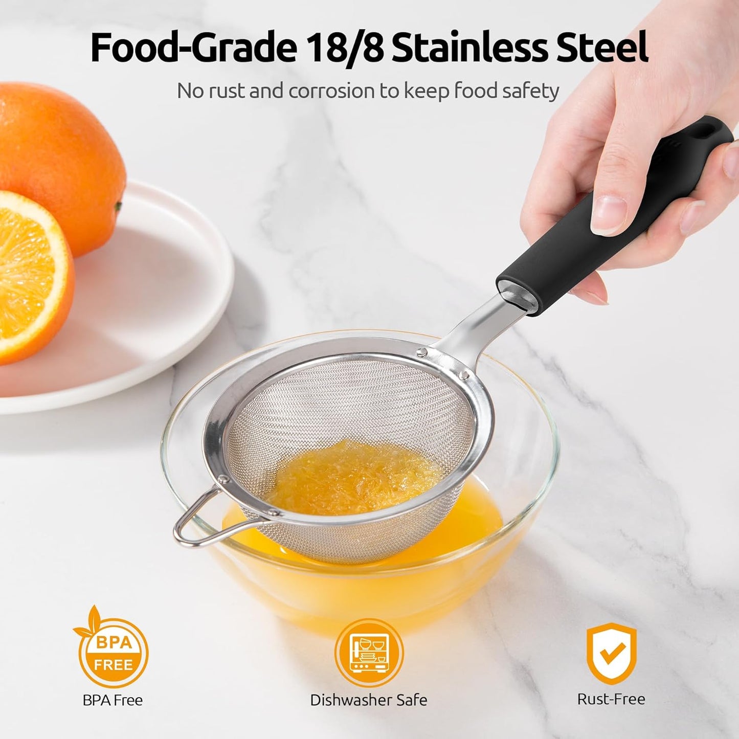 U-Taste Small Fine Mesh Strainer: 18/8 Stainless Steel 3.35in 30 Mesh Kitchen Food Sieve with Sturdy Riveted Silicone Handle, Heavy Duty Deep Handheld Metal Colander for Tea, Juice (Black)