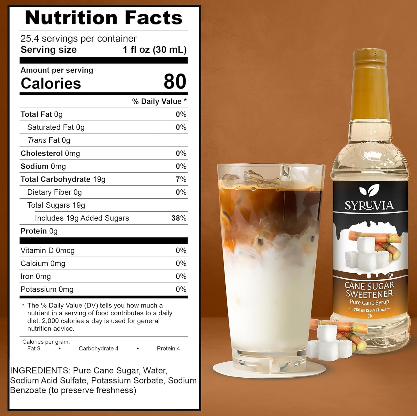 Syruvia Cane Sugar Sweetener Coffee Syrup - 25.4 fl oz. Premium Coffee Flavoring Syrup. Kosher and Gluten-Free. Perfect for Enhancing Drinks, Sodas, Shakes, Desserts, and More.
