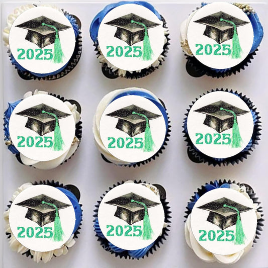 Gyufise 48Pcs Edible 2025 Graduation Theme Cupcake Toppers Wafer Paper Graduation Hat Graduate Cupcake Picks Green
