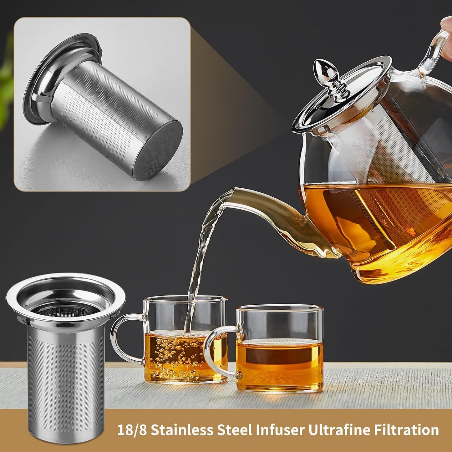1200ml Glass Teapot with Removable Infuser, Stovetop Safe Tea Kettle, Blooming and Loose Leaf Tea Maker Set