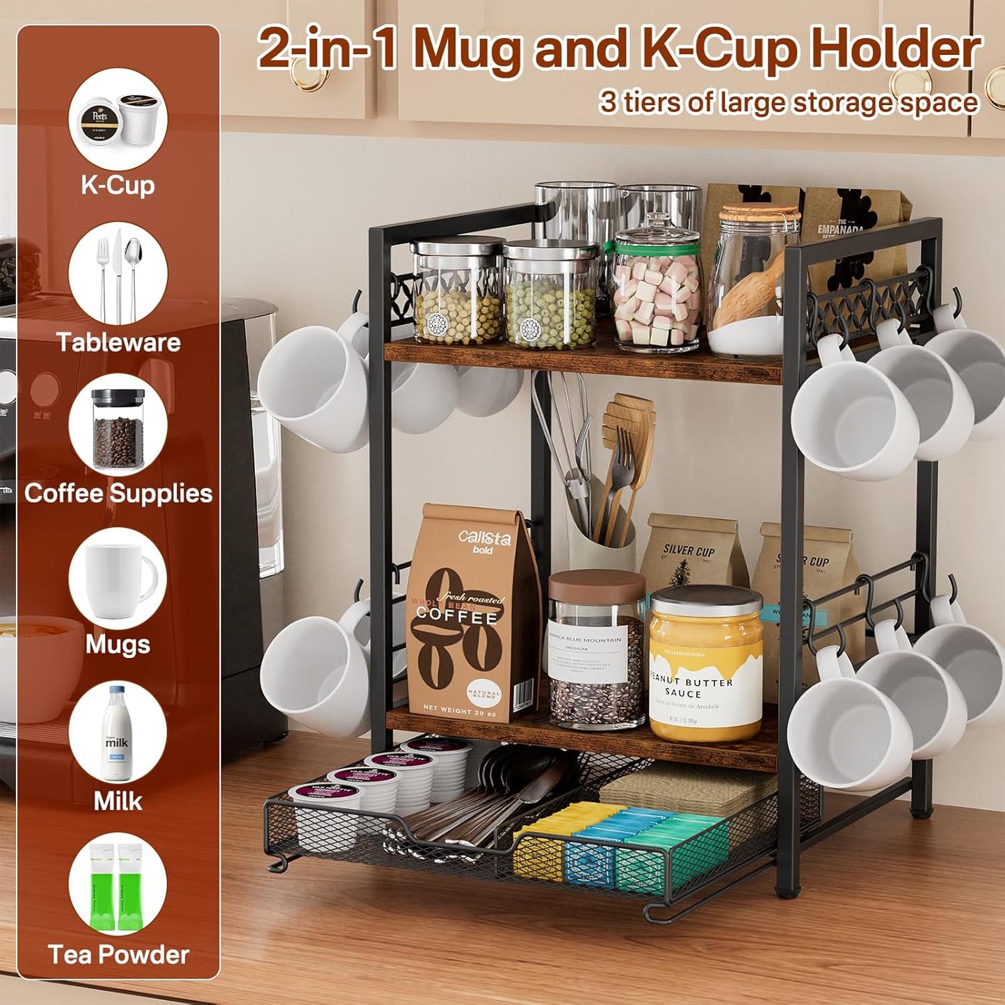 Coffee Bar Organizer Countertop, 3 Tier Mug Cup Holder Stand with 12 Hooks, 25 K Cup Coffee Pod Drawer with Mug Rack, Multifunctional Shelf for Accessories Kitchen (Black)