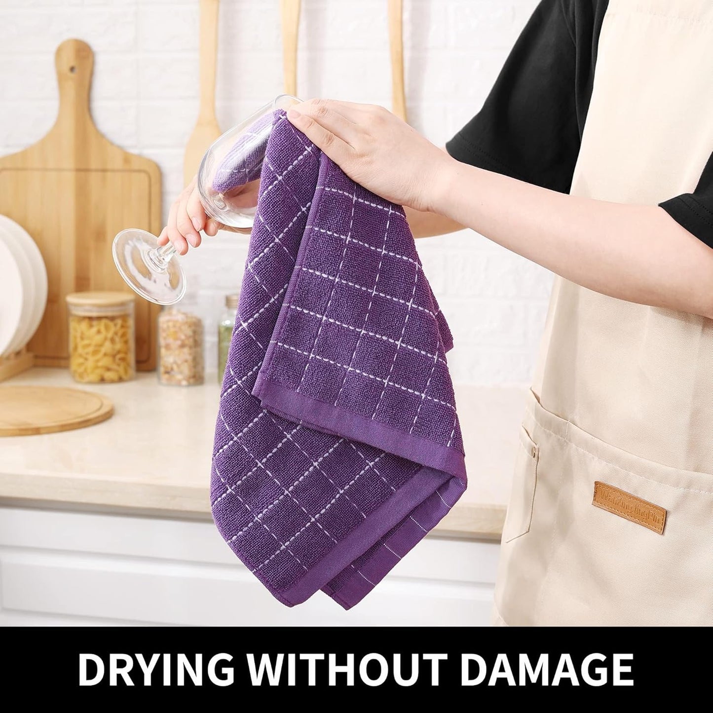 Homaxy 100% Cotton Terry Kitchen Towels(Purple, 13 x 28 inches), Checkered Designed, Soft and Super Absorbent Dish Towels, 12 Pack