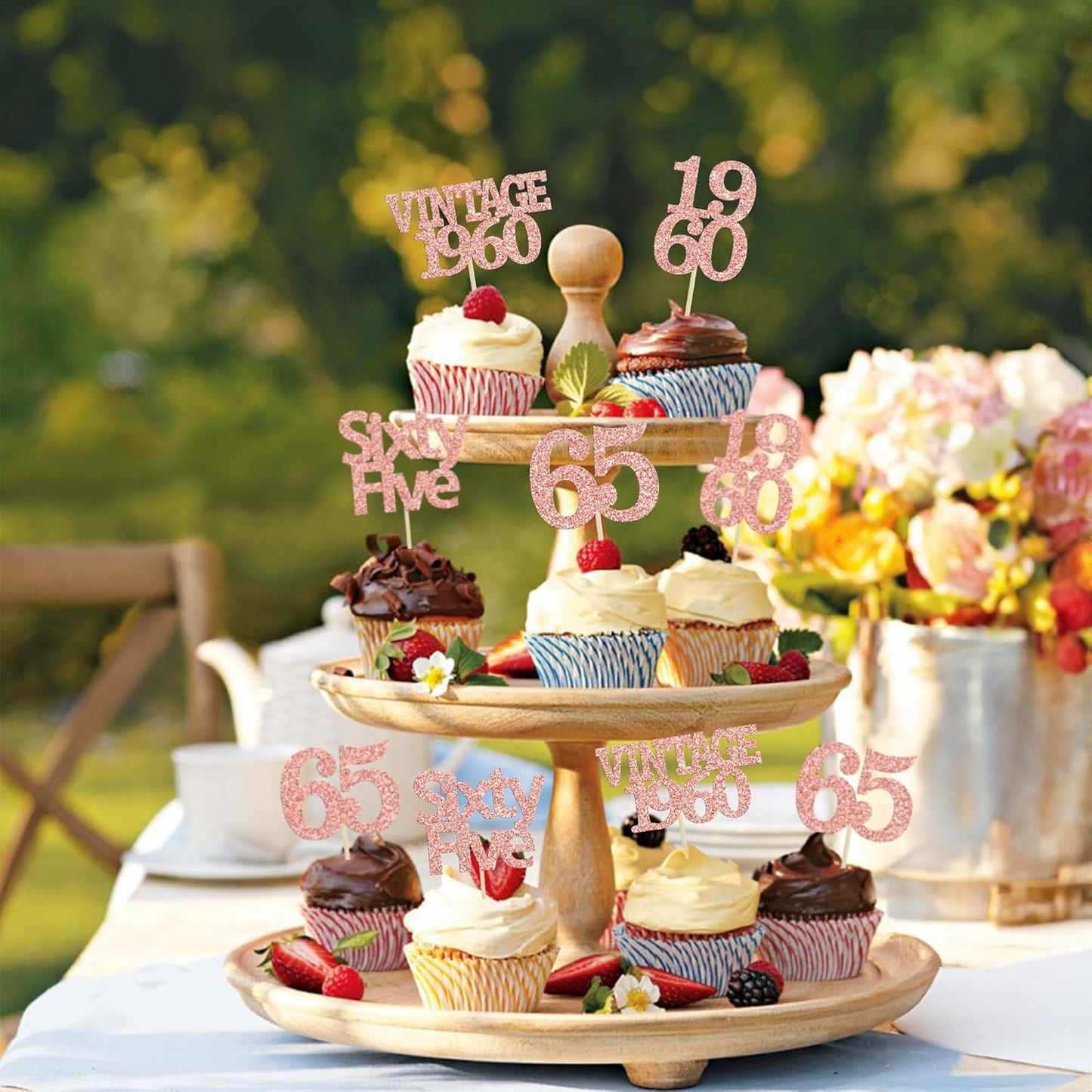 Gyufise 24Pcs 65th Birthday Cupcake Toppers Glitter Cheers to 65 Fabulous Sixty Five Vintage 1960 Cupcake Picks 65th Birthday Wedding Anniversary Party Cake Decorations Supplies Rose Gold