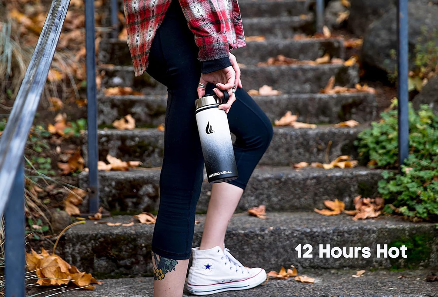 HYDRO CELL Stainless Steel Insulated Water Bottle with Straw - For Cold & Hot Drinks - Metal Vacuum Flask with Screw Cap and Modern Leakproof Sport Thermos for Adults (Black/White 18oz)