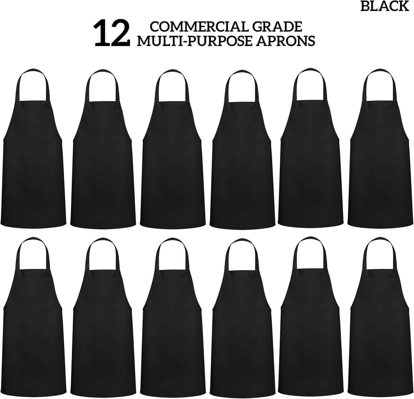GREEN LIFESTYLE 12 Pack Bib Apron - Unisex Black Aprons, Machine Washable Aprons for Men and Women, Kitchen Cooking BBQ Bulk (Pack of 12, No Pockets, Black)