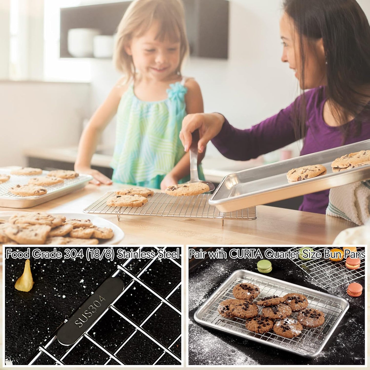 CURTA 2 Pack Chef Cooling Rack, NSF Listed 18/8 Stainless Steel Oven Safe Grid Wire Cookie Cooling Racks for Baking & Cooking - 12" X 8.7" Commercial Grade comes with Lifting Handle …