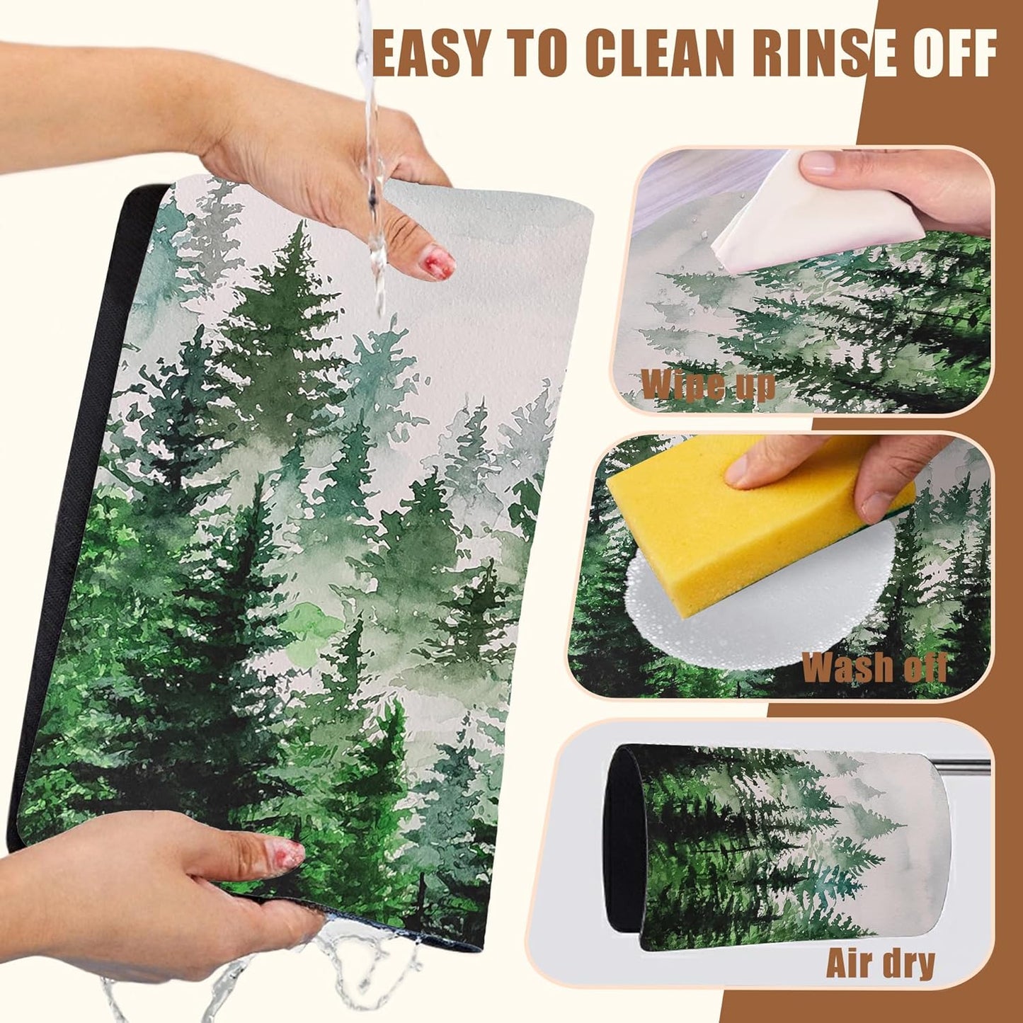 Dish Drying Mat Watercolor Foggy Forest Coffee Bar Mat for Countertop Absorbent Rubber Backed Hide Stain Dish Drainer Rack Pad Coffee Maker Espresso Machine Dining Room Decor 15.7 x 23.6 Inch
