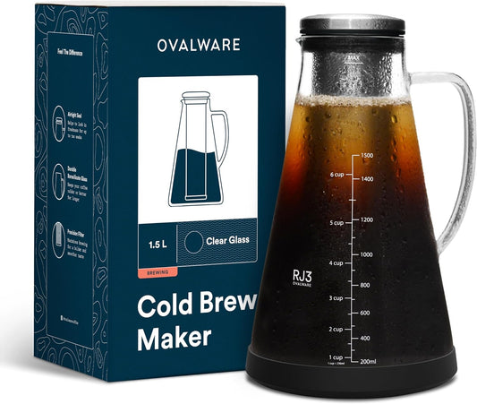 OVALWARE Airtight Cold Brew Iced Coffee Maker Pitcher (& Iced Tea Maker) with Spout – 1.5L/ 51oz Brewing Glass Carafe with Removable Stainless Steel Filter