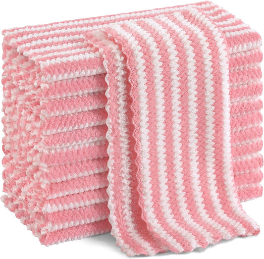 Homaxy 12 Pack Kitchen Dish Cloths, Ultra Soft and Absorbent Dish Towels, Reusable Fast Drying Microfiber Cleaning Cloth, Coral Velvet Wave Design No-lint, 10 x 10 inches, Pink