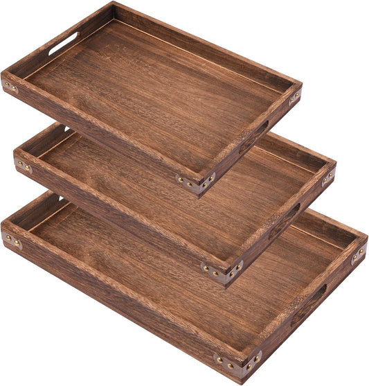 Wood Serving Tray, Rectangular Butler Serving Tray with Handle, Coffee Table Tray Decorative Tray for Tea, Coffee, Breakfast, Table Centerpieces 3 Pack