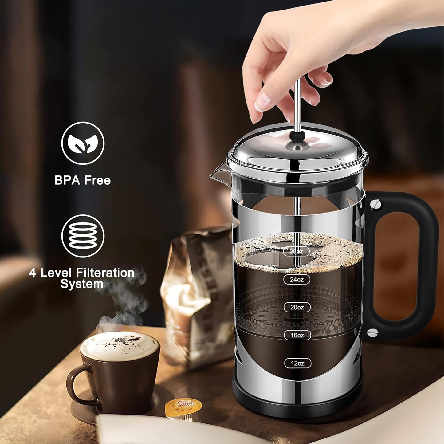 34 Ounce French Press Coffee Maker Chromium Stainless Steel Coffee Press, with 4-Level Filter System, Heat Resistant Thickness Borosilicate Glass, BPA-Free Brewed Coffee Pot for Camping Gifts