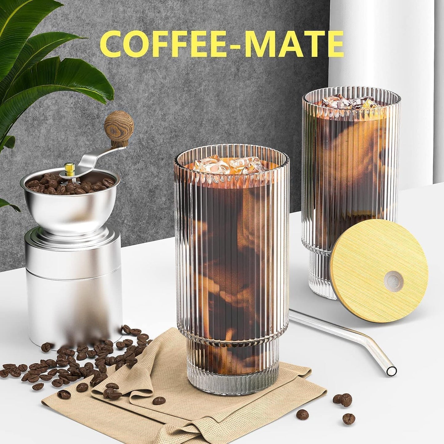 16 OZ Glass Cup with Lid and Straw, Vintage Ribbed Glassware for Whiskey Cocktail Beer, Iced Coffee Cups with Lid, Glass Tumbler with Straw and Lid (1 PACK)