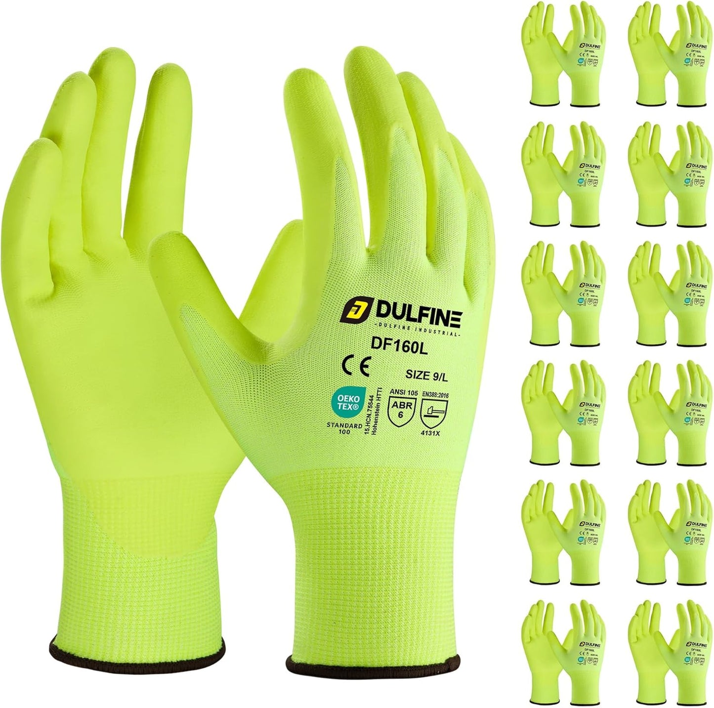 DULFINE Work Gloves for Men and Women,Hi-Vis Yellow Knit Nylon Glove with MicroFoam Nitrile Coated-12 Pairs Pack,Ideal for General Purpose,Automotive,Home Improvement,Painting(Large)