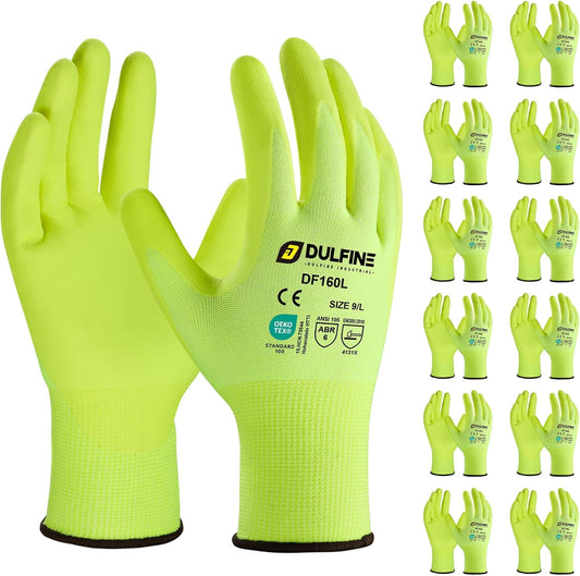 DULFINE Work Gloves for Men and Women,Hi-Vis Yellow Knit Nylon Glove with MicroFoam Nitrile Coated-12 Pairs Pack,Ideal for General Purpose,Automotive,Home Improvement,Painting(Medium)