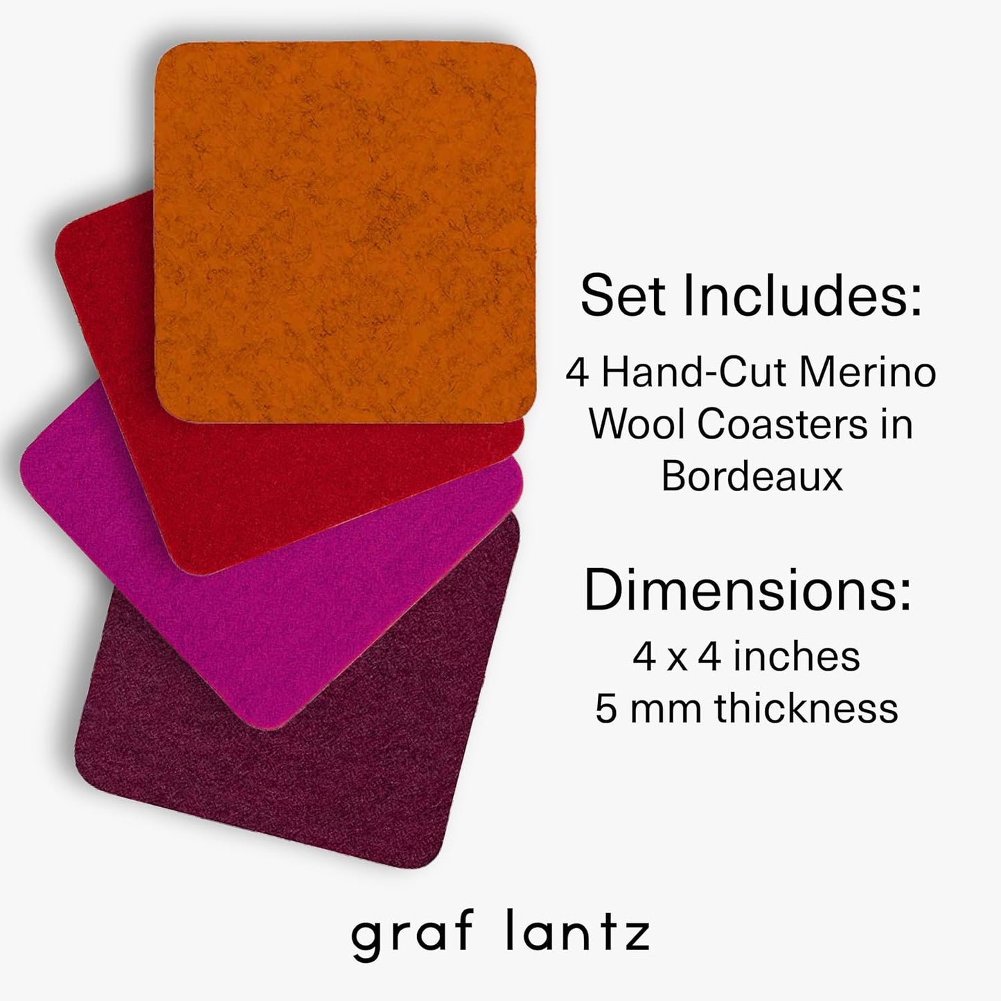 Graf Lantz - Bierfilzl Merino Wool Square Coasters Set of 4 - Bordeaux (4"x4"x5mm) - Absorbs 30% of Weight, Natural German Wool - Heat Resistant, Sustainable, Reusable - Home Decor, Coffee Table Decor