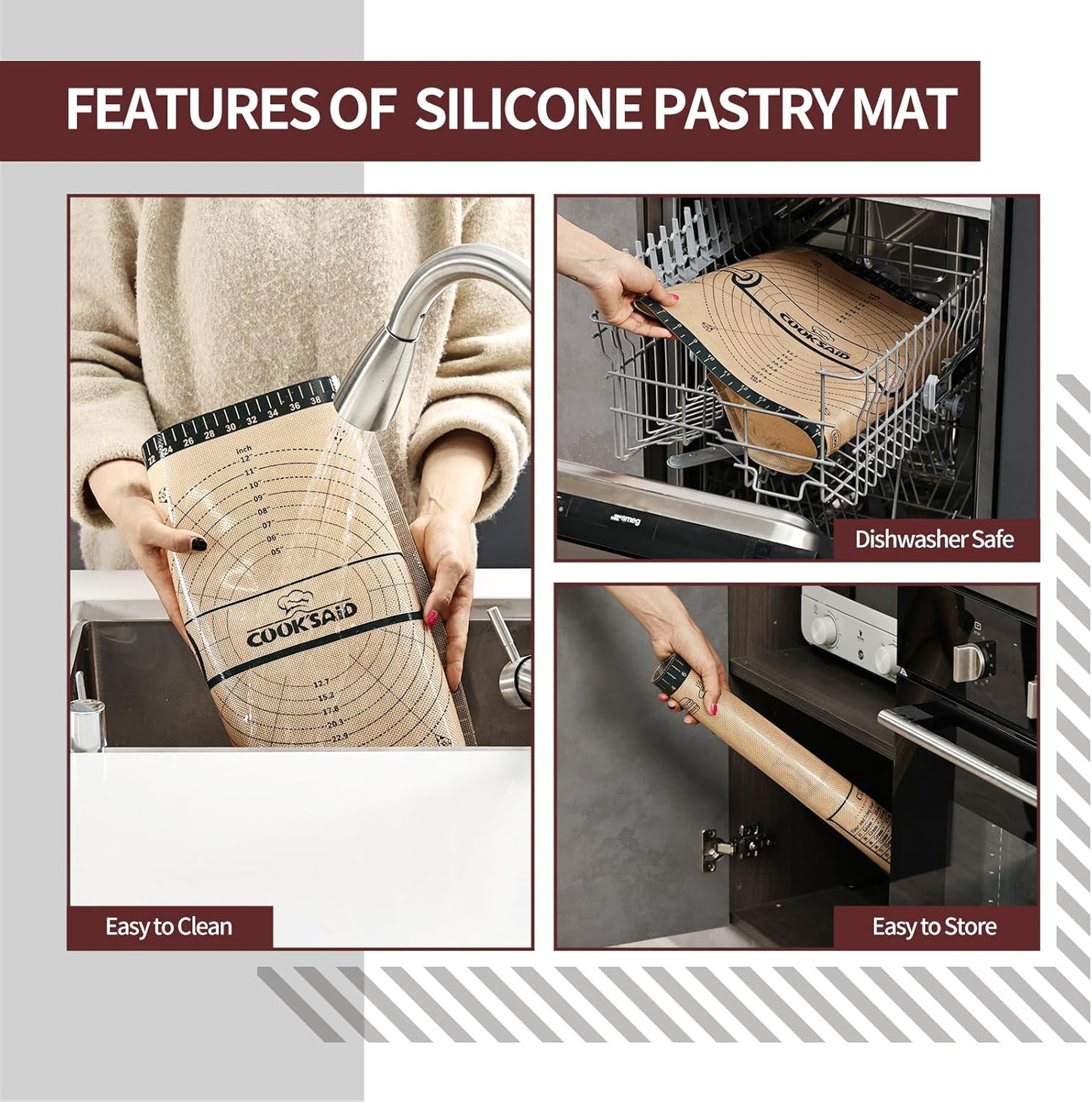 Cook's Aid Silicone Pastry Mat Extra Large with Measurements 26''x16'' for Reusable,Non-slip Silicone Baking Mat, Counter, Dough Rolling, Oven Liner,Fondant/Pie Crust,Dark Gray