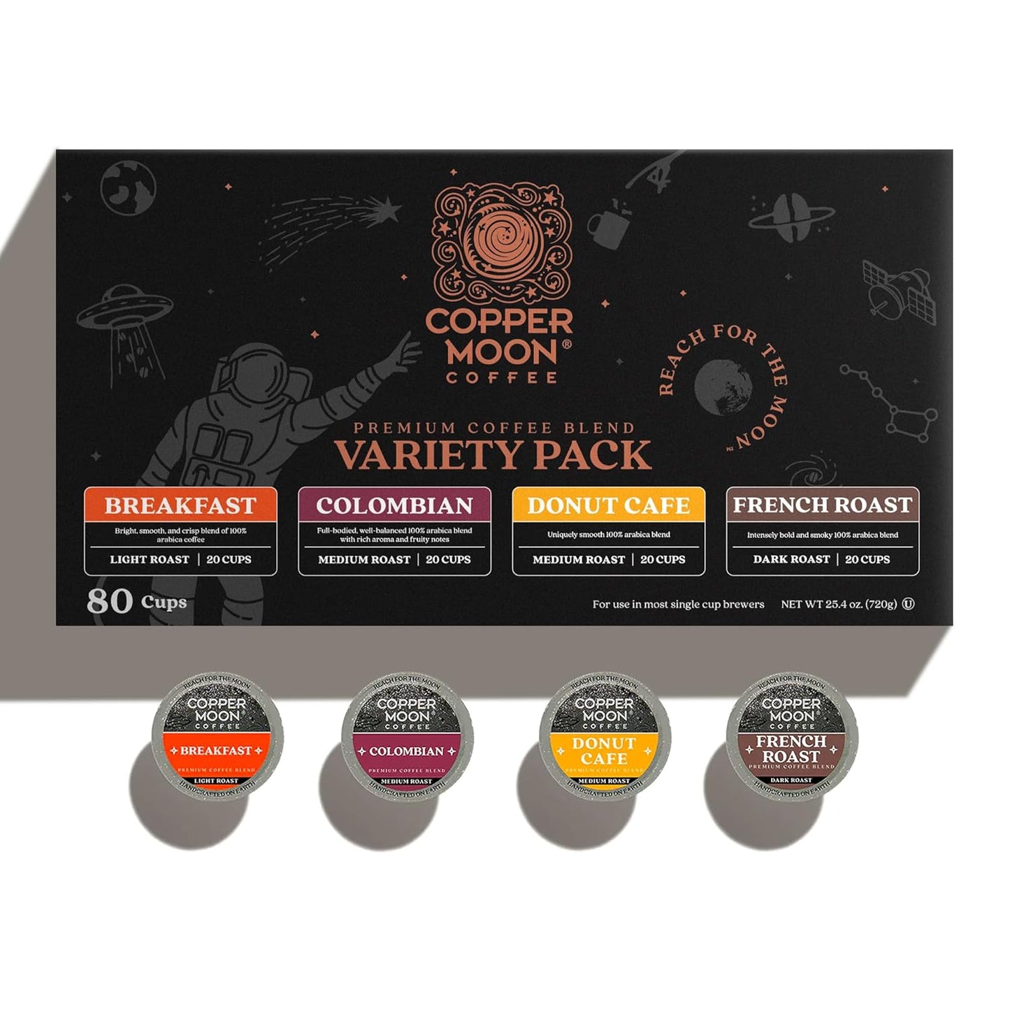 Copper Moon Single Serve Coffee Pods For Keurig K-Cup Brewers, Light Medium & Dark Roast, Variety Pack, 80 Count