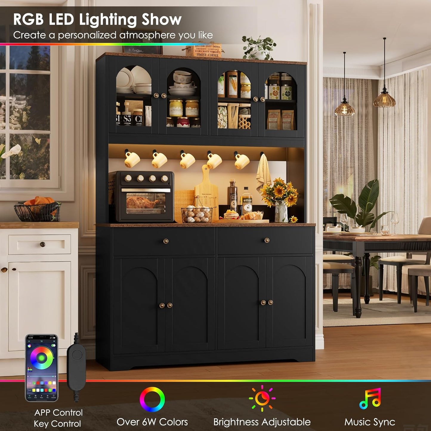 HIFIT 71" LED Kitchen Pantry Cabinet with Power Outlet, Large Kitchen Hutch Storage Cabinet with Arched Door & Shelves & 2 Drawers, Tall Farmhouse Coffee Bar w/Hutch for Home Dining Living Room, Black