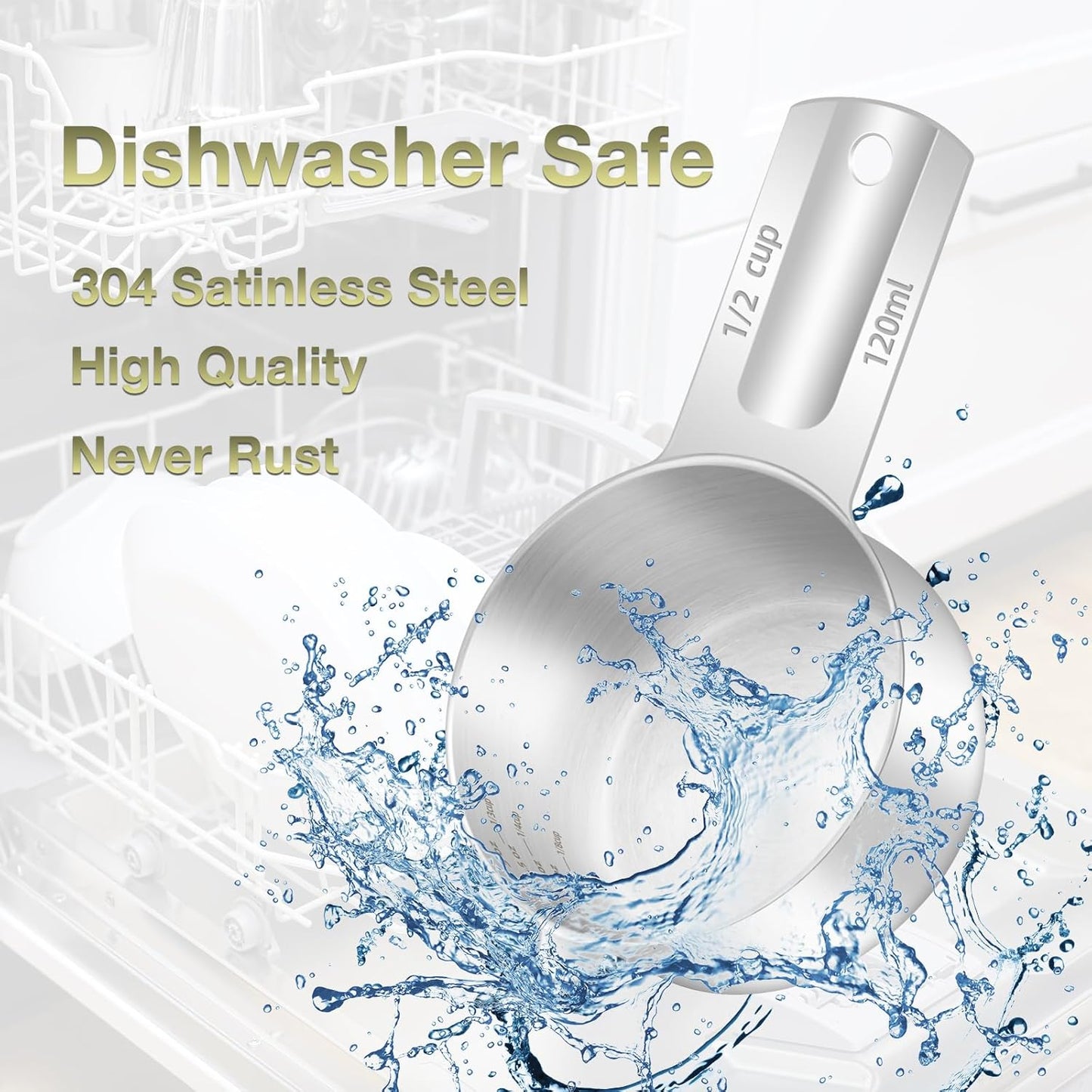 1PCS 1/2Cup (120ml, 4oz) Single Measuring Cup, Etched Inner Scale Stainless Steel Measure Scoop, Metric and US Measurement, Dishwasher Safe