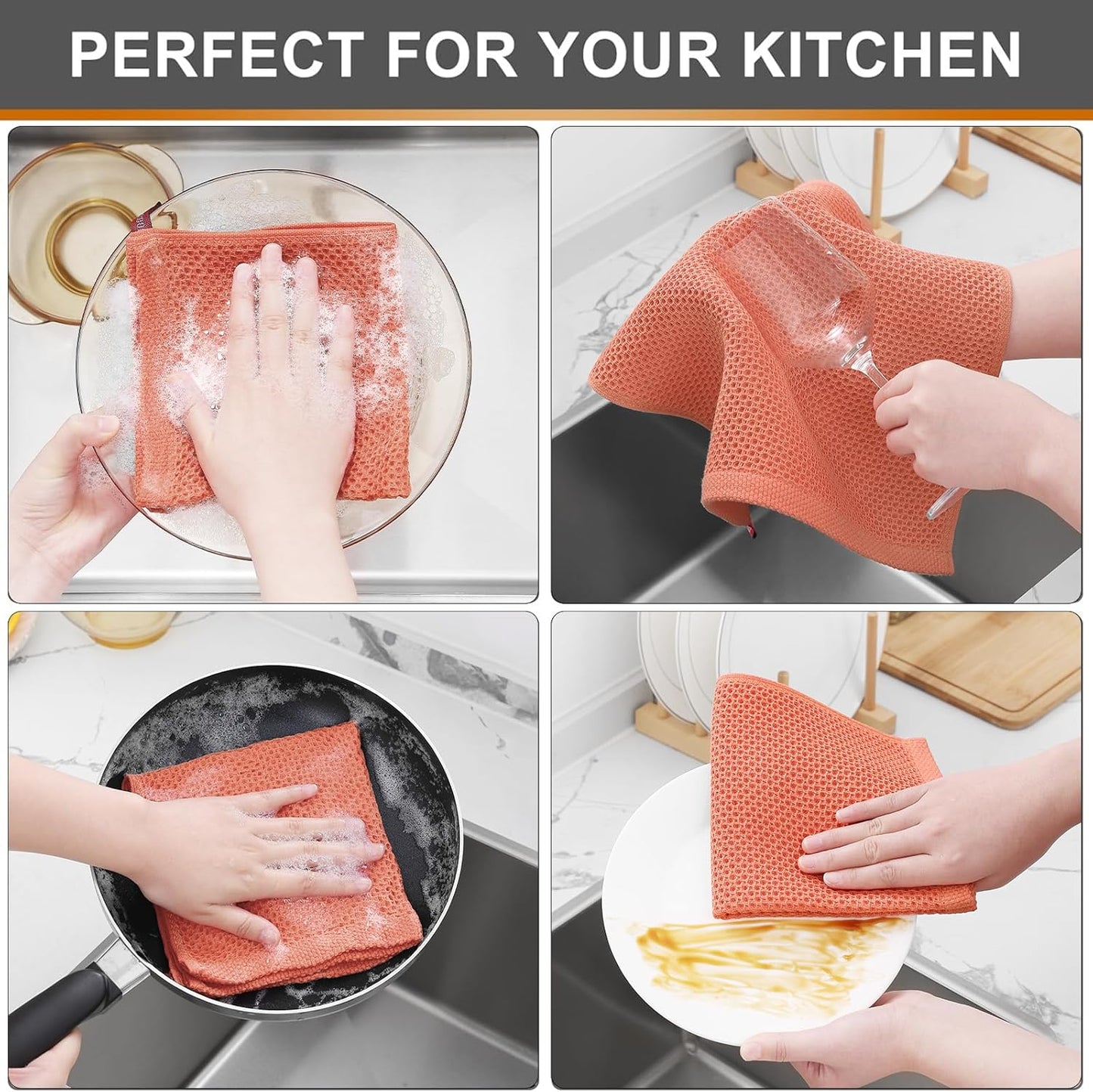 Kitinjoy 100% Cotton Kitchen Dish Cloths, 12 Pack Waffle Weave Ultra Soft Absorbent Dish Towels for Drying Dishes Quick Drying Kitchen Towels Dish Rags, 12 X 12 Inches, Coral