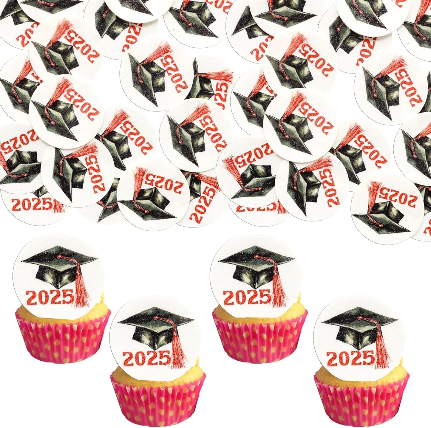 Gyufise 48Pcs Edible 2025 Graduation Cap Cupcake Toppers Wafer Paper Class of 2025 Grad Cap Cupcake Picks for 2025 Graduation Theme Party Cake Decorations Supplies Red