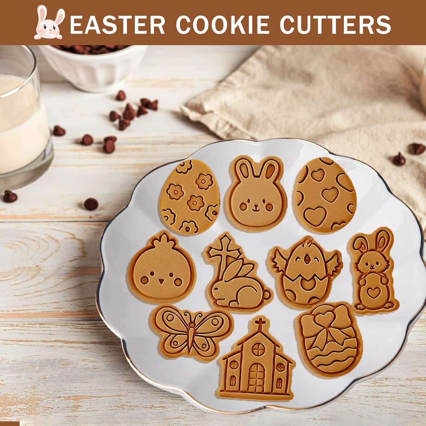 10 Pcs Cookie Cutters Set Cookie Stamps 3D Cookie Stamps for Biscuit Snacks Fondant Cheese Baking Molds for Rabbit Egg Butterfly Church Chick