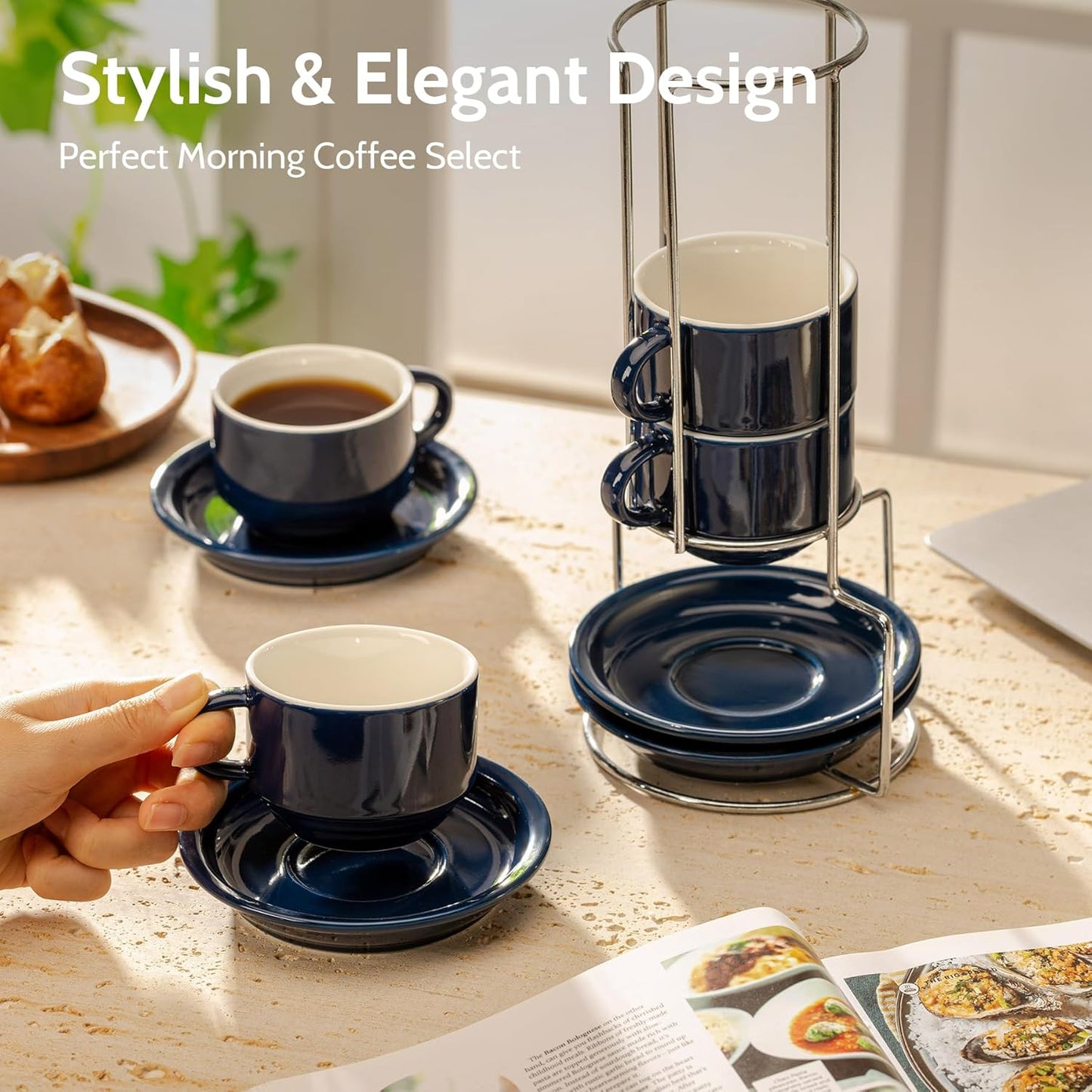Sweese 8 Ounce Porcelain Stackable Cappuccino Cups with Saucers and Metal Stand - for Specialty Coffee Drinks, Cappuccino, Latte, Americano and Tea - Set of 4, Navy