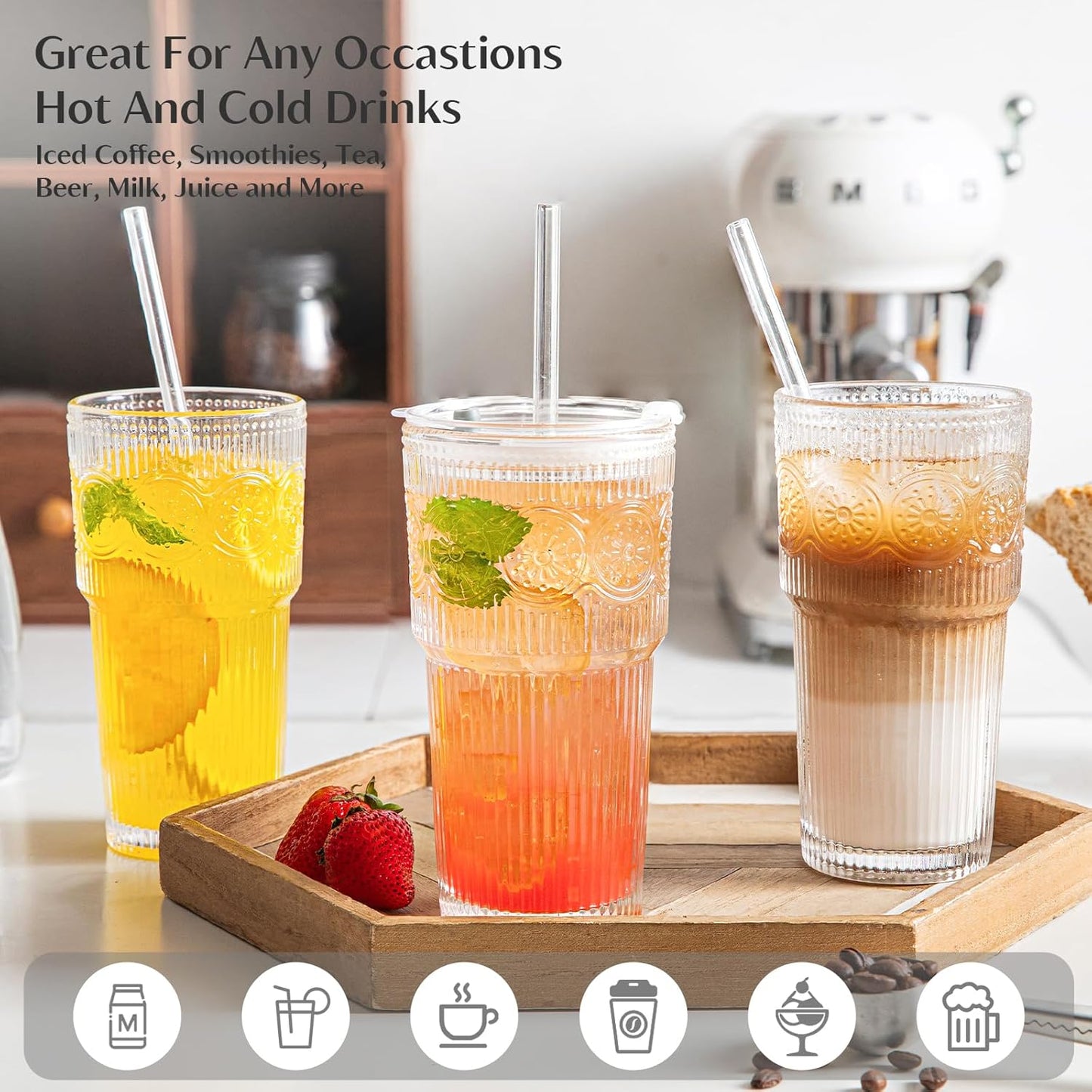 INSETLAN 20oz Ribbed & Floral Glass Tumblers with Lids and Glass Straws, Set of 4 – Iced Coffee Cups, Reusable Drinking Glasses for Water, Smoothies, Tea, and Juice – Perfect for Travel & Daily Use