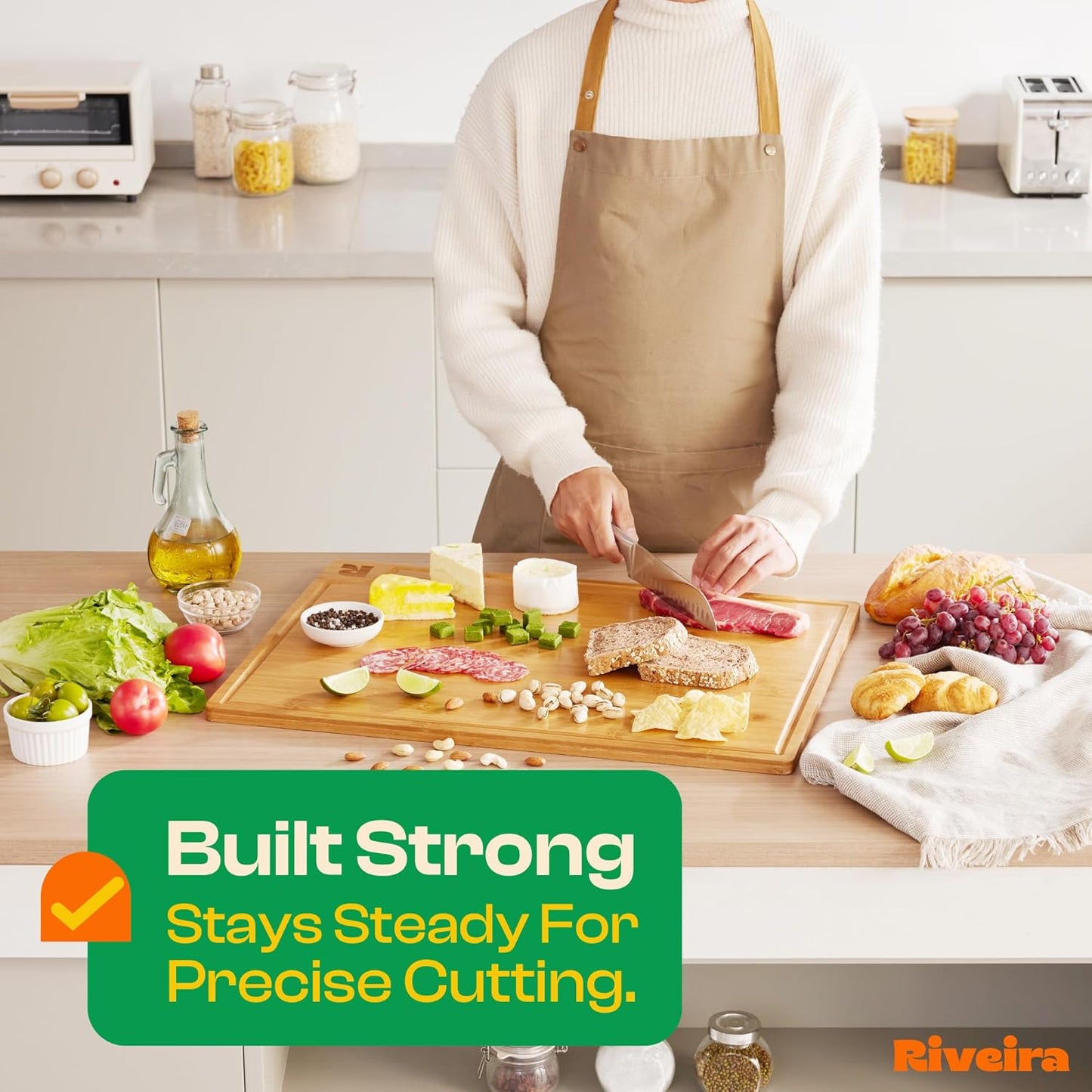 Riveira Brown Bamboo Wood Cutting Board – Gourmet Bamboo Grandeur: 24 x 18 Wooden Cutting Board – Wooden Cutting Boards For Kitchen Decorative – Innovative Juice Grooves Wooden Chopping Board