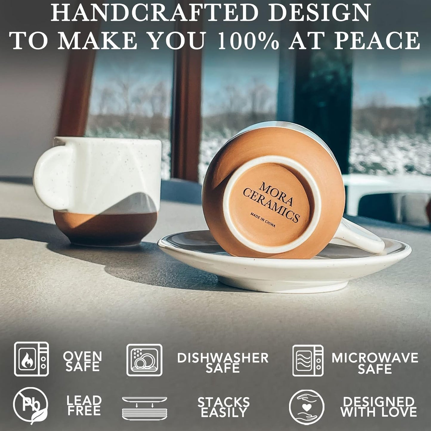 Mora Ceramic Mini Espresso Cups Set of 4, 3oz - Tiny Italian Inspired Mugs With Saucers For Small Shots of Coffee - Modern Boho Style For Any Kitchen or Cafe. Microwave Safe Porcelain - Vanilla White