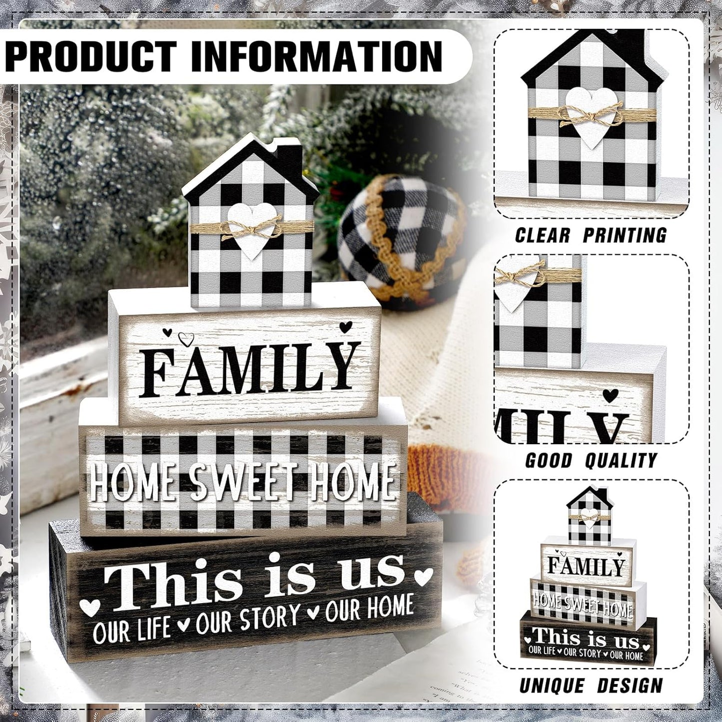 Farmhouse Wooden Tabletop Decor Rustic Home Sweet Home Table Centerpieces This Is Us Block Sign Black and White Buffalo Plaid Table Decor for Kitchen Shelf Desk Mantel Tiered Tray Decoration