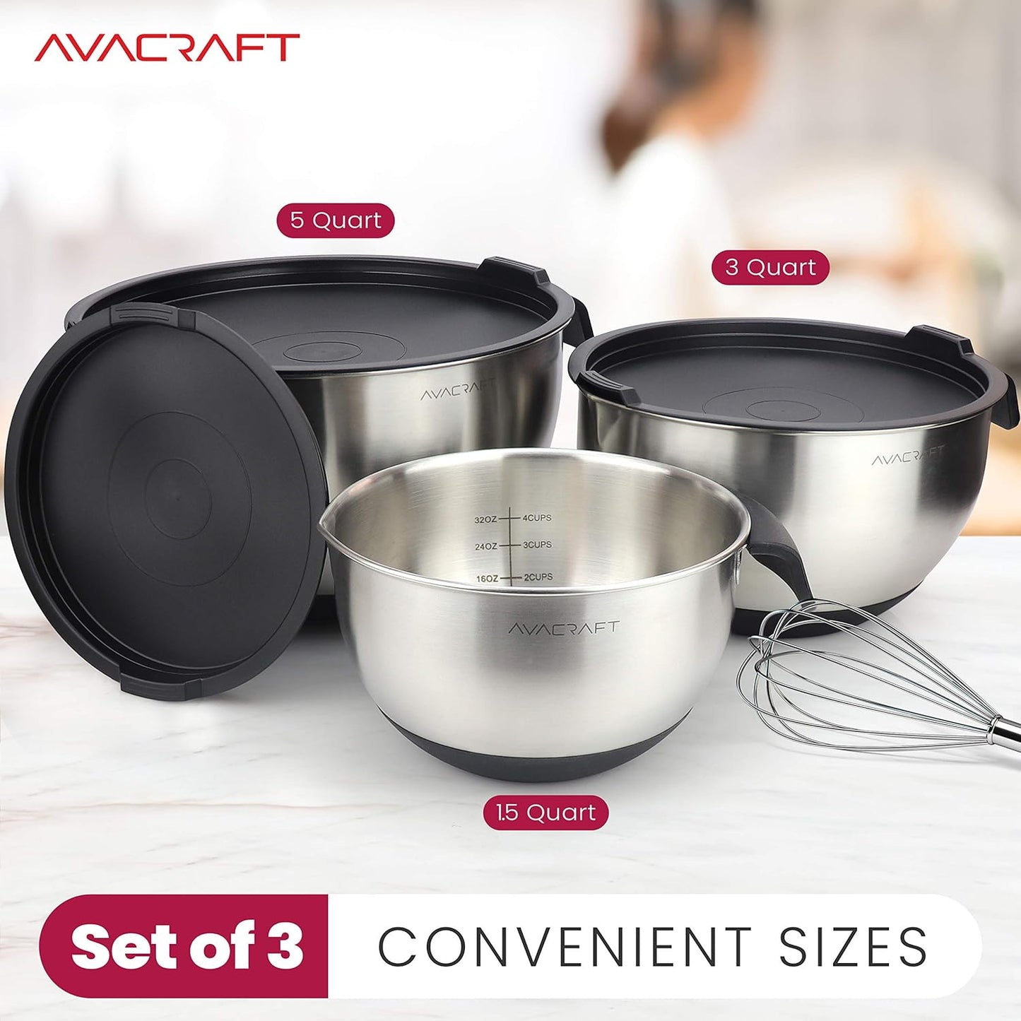 AVACRAFT 18/10 Stainless Steel Mixing Bowls with Lids, non slip silicone base bowls with Handle, Mixing Bowl Set with Pour Spouts & Measurement Marks, Home Essentials Cooking Bowls, (Black)
