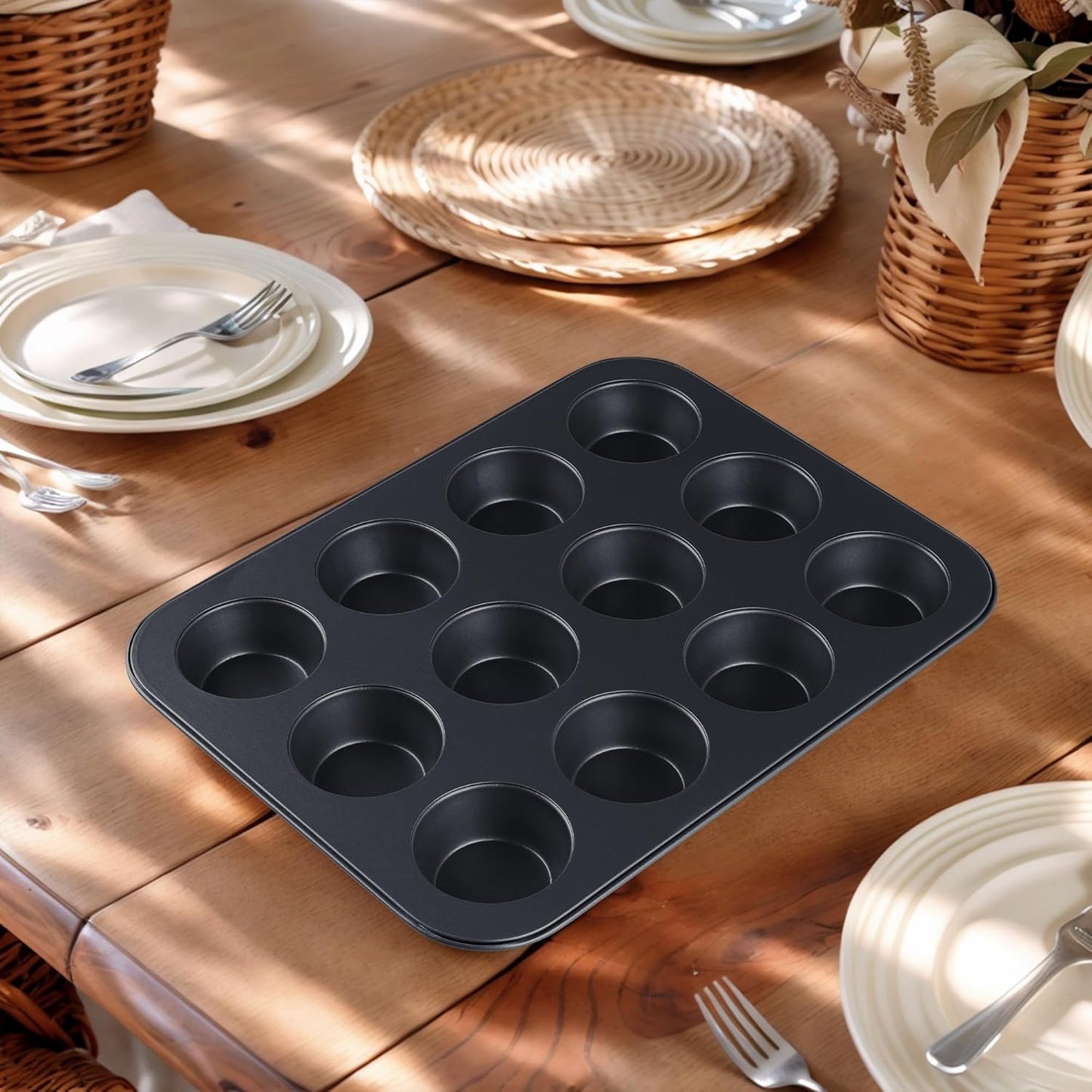 Muffin-Pan for Baking, Nonstick Cake Pan 12 Cups, 3 Pack Cup Premium Cheesecake Pans, Cupcake Baking Pan for Oven 13.2 * 10 * 1.1in Black