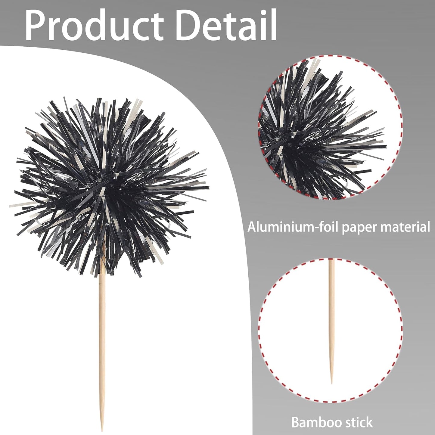 40 PCS Black Foil Firework Cupcake Toppers Sparkle Tinsel Cupcakae Picks Sparkler Fireworks Party Decorations Cocktail Fruit Toothpick for Birthday Wedding Graduation Party Decorations Supplies