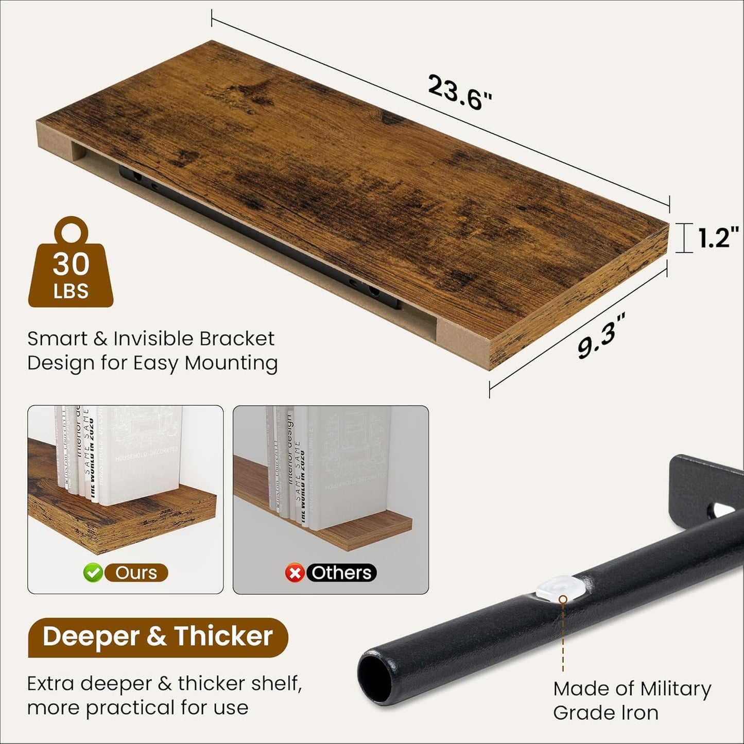 Fun Memories 24 Inch Floating Shelves for Wall, 9 Inch Deep Brown Rustic Wood Wall Mounted Shelves for Bathroom, Kitchen, Living Room, Set of 2