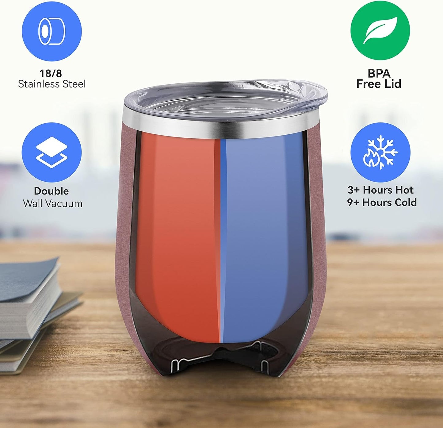 DOMICARE Stainless Steel Wine Tumbler Bulk with Lid, 12oz Travel Coffee Cups, Personalized Rose Gold Insulated Tumblers Set, Pack of 1