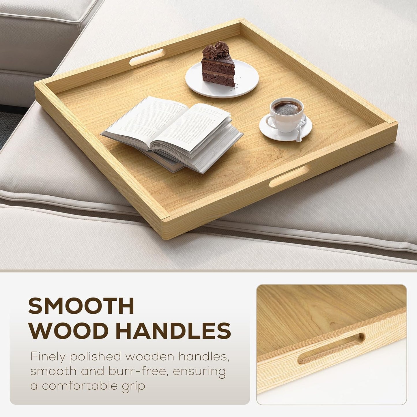 Axeman 22 Inch Large Square Wooden Ottoman Tray for Living Room|Extra Large Serving Tray with Handles for Coffee Table, Breakfast|Decorative Wood Tray for Ottoman Couch Sofa Kitchen|Natural