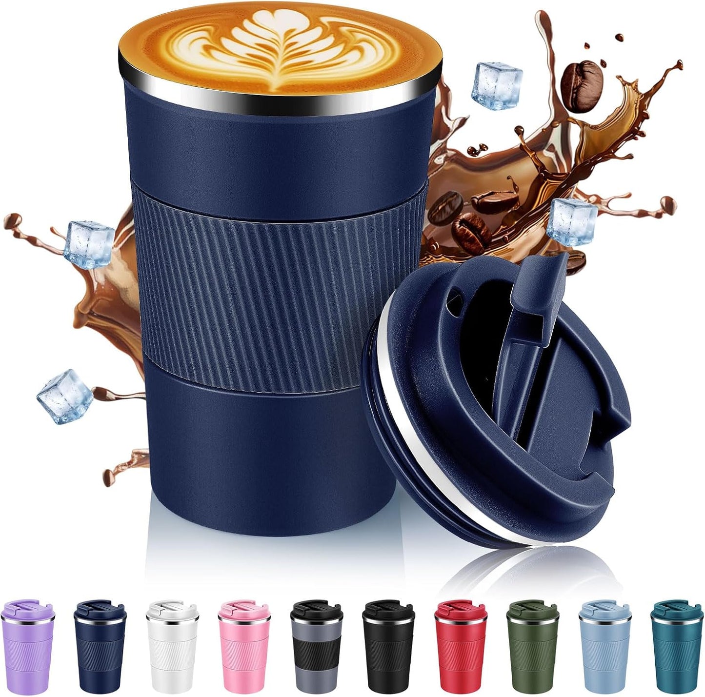 Volhoply 13 oz Stainless Steel Insulated Travel Coffee Mug with Fip Lid,Reusable Double Wall Vacuum Metal Coffee Cup,Portable to Go Leak Proof Cafe Thermal Tumbler for Hot & Cold Drinks(Navy,1)