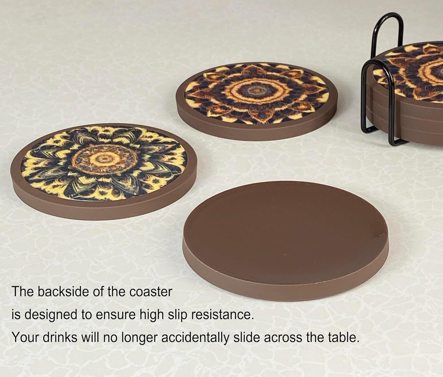 Absorbent Coasters for Drinks with Holder - 6packs, Silicone Coaster with Soft Felt Insert (4.3 inch Coasters with 4.5 inch Holder, Dual-Sided Mandala -Themed Patterns)