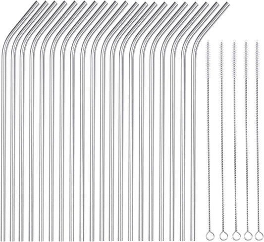 25 Piece Set Stainless Steel Straws Ultra Long 10.5 Inch Drinking Metal Straws Reusable Drinking Straws for 20 30 OZ (20 Bent| 5 Brushes)